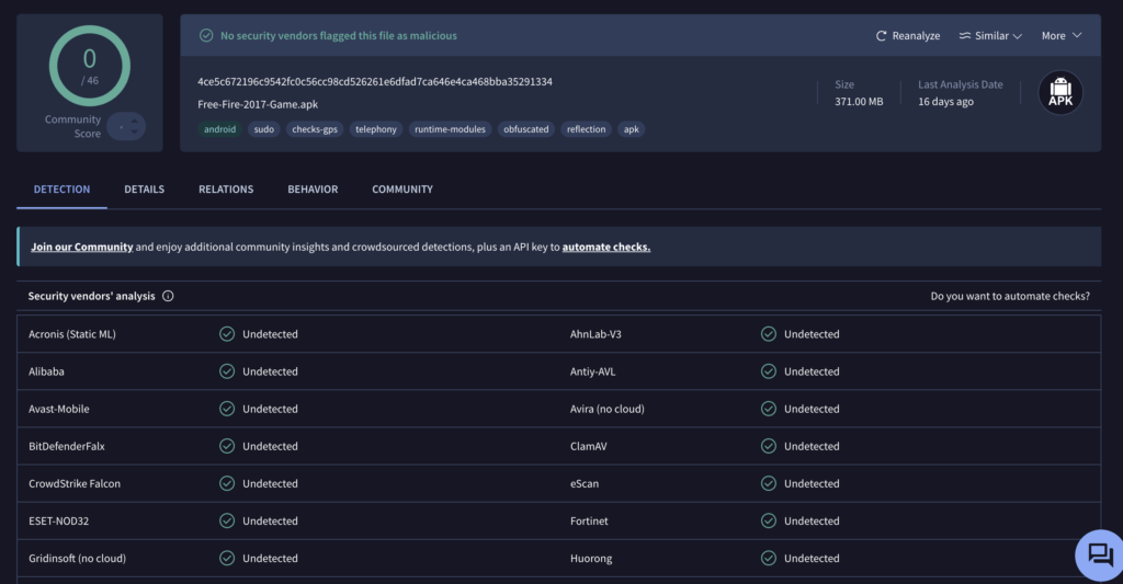 Free Fire 2017 APK Virustotal Result
